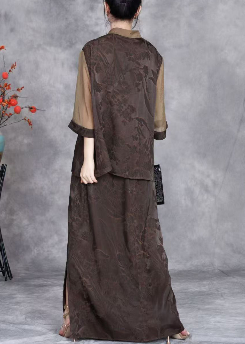 French Coffee Chinese Button Tops and Skirts Silk Two Pieces Set Summer