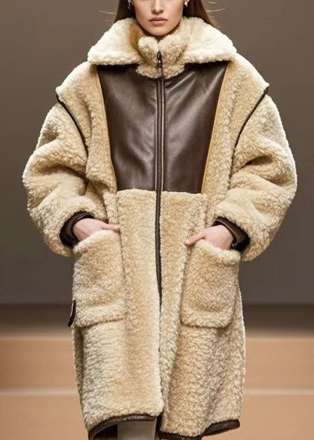 Beige Oversized Patchwork Warm Fleece Coats Winter