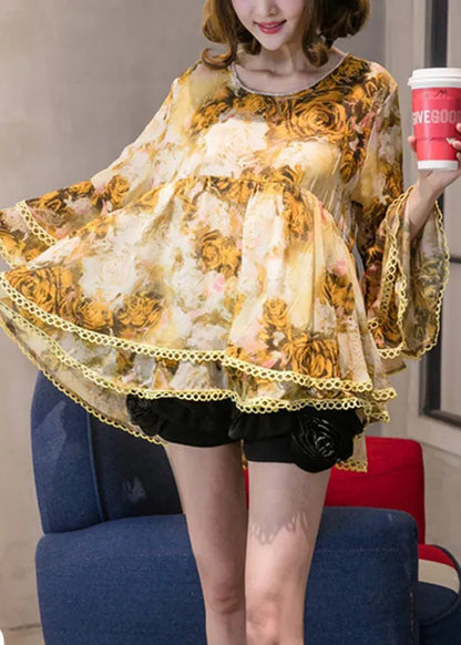 Classy Yellow Print Chiffon Tops Flare Sleeve