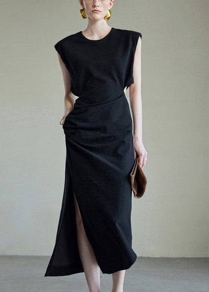 Black Hollow Out Side Open Cotton Long Dress Summer