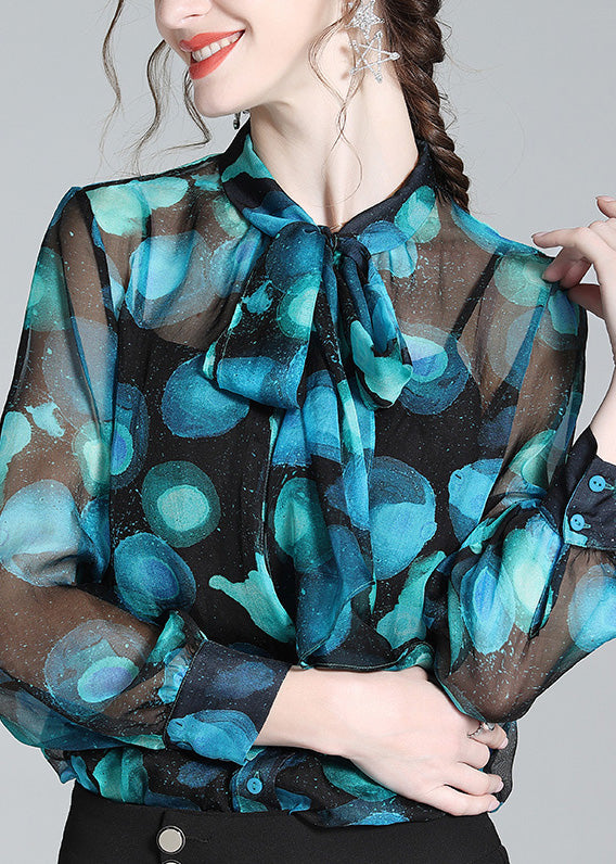 Blue Stand Collar Print Bow Silk Shirt Long Sleeve
