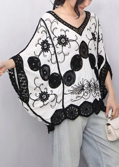 White Print Loose Tanks Hollow Out Batwing Sleeve