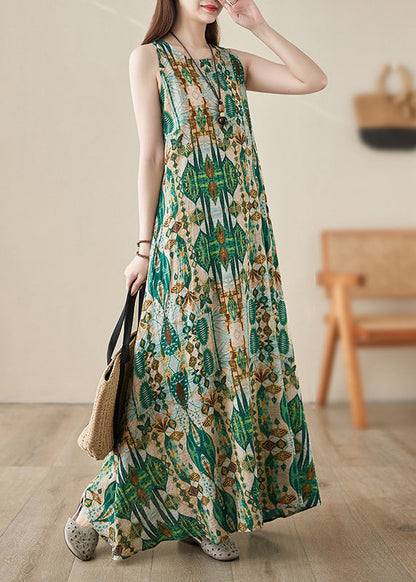 Handmade Green O-neck Print Maxi Dresses Summer