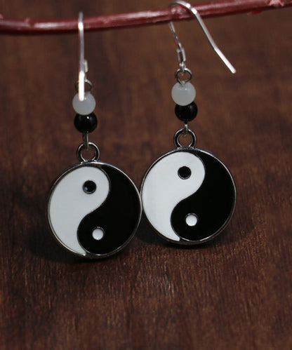 Black and White Sterling Silver Jade Tai Chi Circular Drop Earrings