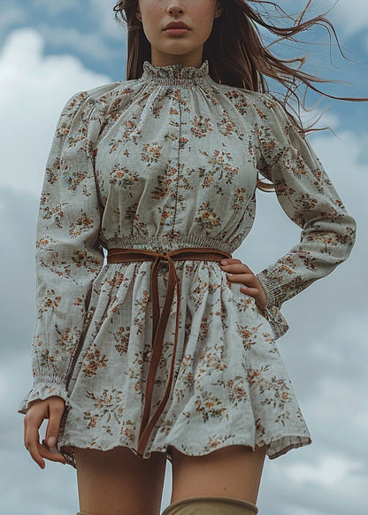 Ruffled Print Pastoral Style Cotton Mini Dress Spring