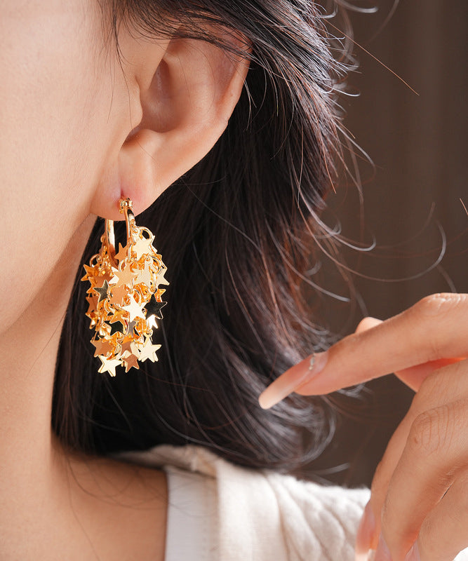Gold Copper Overgild Zircon Star Tassel Hoop Earrings