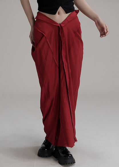 Red Asymmetrical Pockets Cotton Maxi Skirts Spring