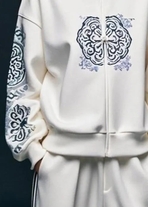 White Print Cotton Pullover Sweatshirt Stand Collar Fall