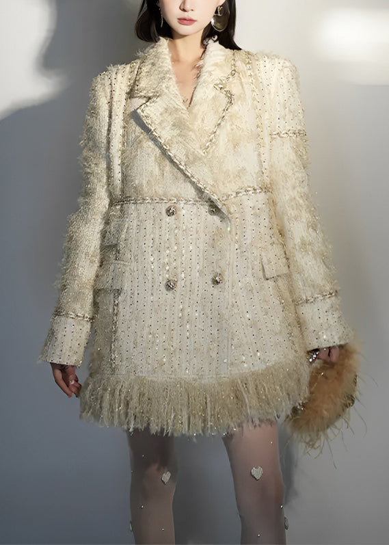 Beige Peter Pan Collar Tasseled Patchwork Cotton Coat Long Sleeve