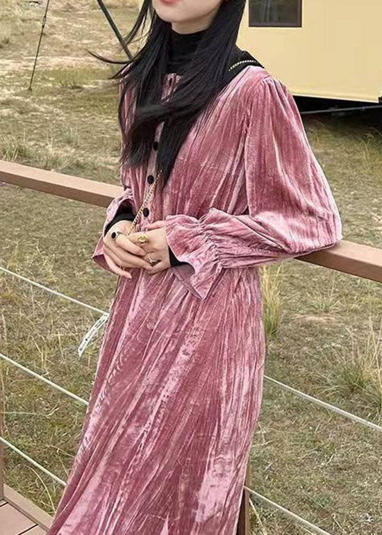 Pink Button Patchwork Velour Long Dresses Spring