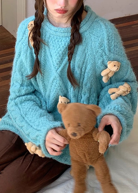 Modern Blue O-neck Little Bear Thick Cotton Knit Sweaters Fall