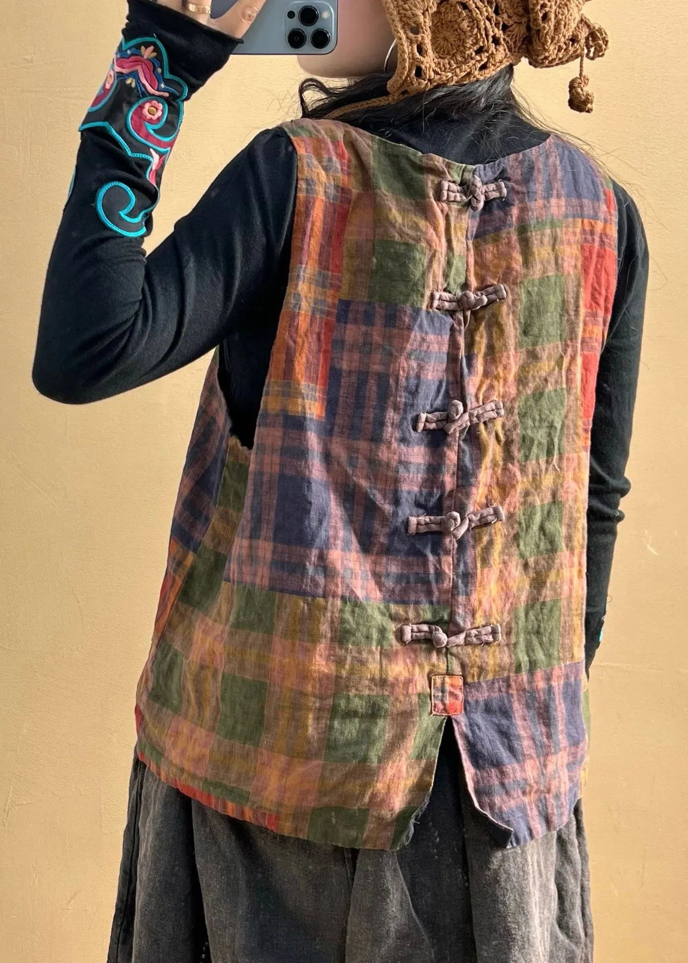 O-neck Plaid Patchwork Pockets Linen Vest Sleeveless