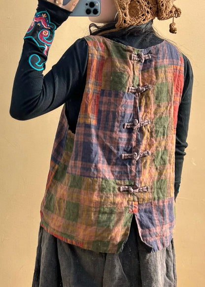 O-neck Plaid Patchwork Pockets Linen Vest Sleeveless