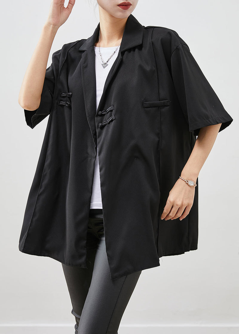 Black Oversized Chinese Button Cotton Shirt Short Sleeve
