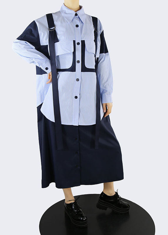 Handmade Blue Pockets Peter Pan Collar Striped Patchwork Shirt Dresses Spring