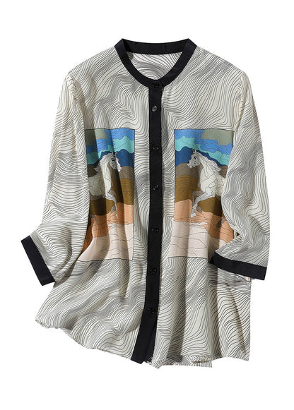Apricot O-neck Print Button Silk Shirt Long Sleeve