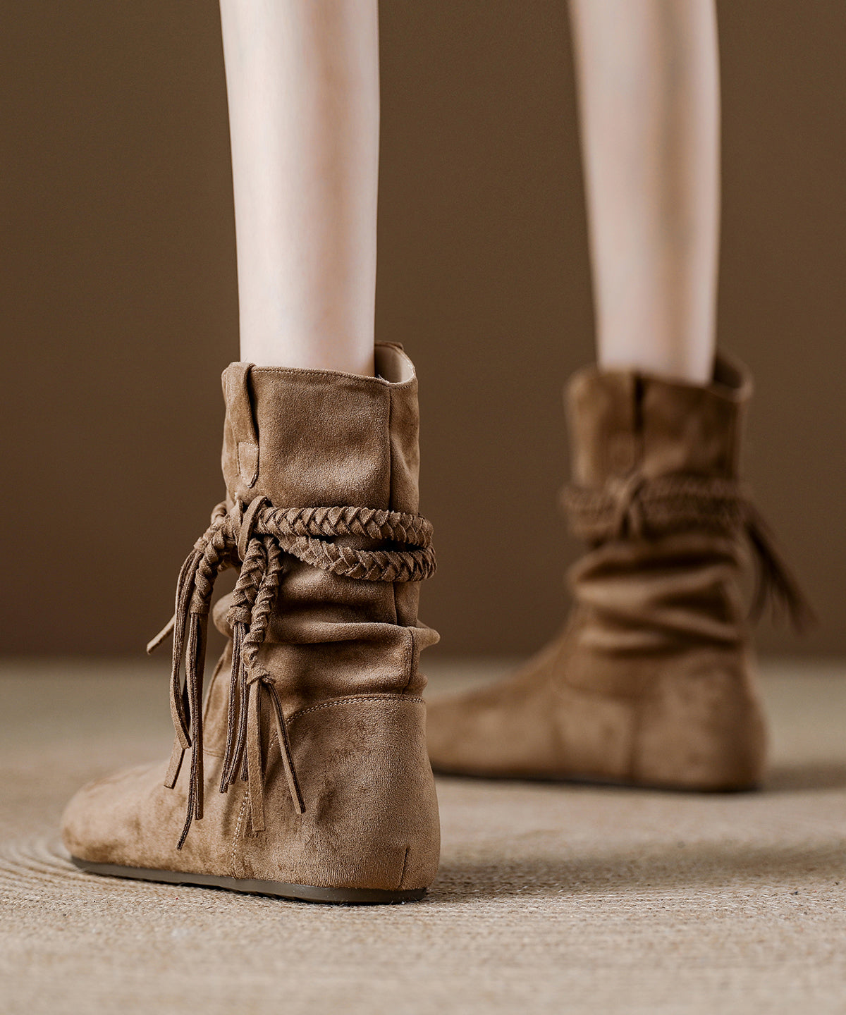 Khaki Tassel Wrinkled Splicing Suede Boots
