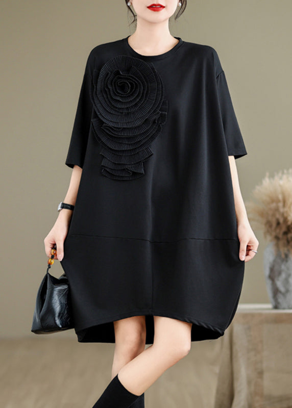 French Black O-neck Wrinkled Cotton Long Dresses Summer