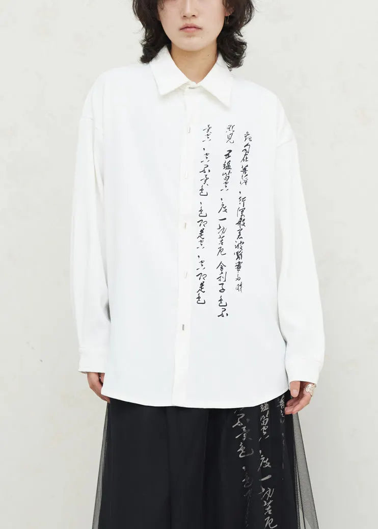 White Graphic Print Button Top Fall
