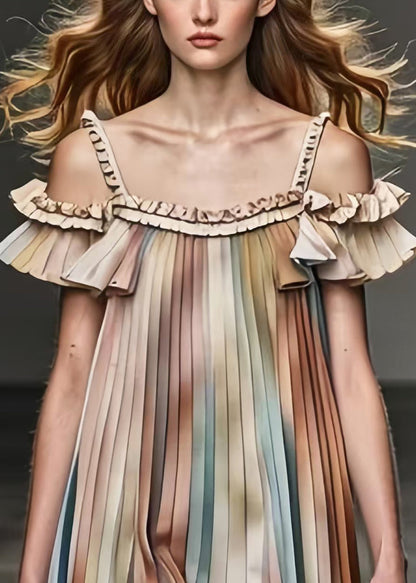 Khaki Cold Shoulder Tie Dye Chiffon Pleated Dress Summer