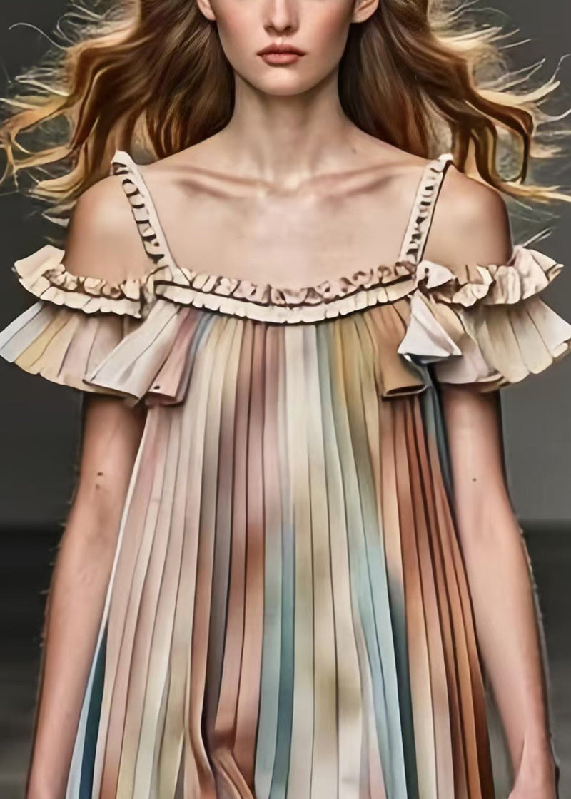 Khaki Cold Shoulder Tie Dye Chiffon Pleated Dress Summer