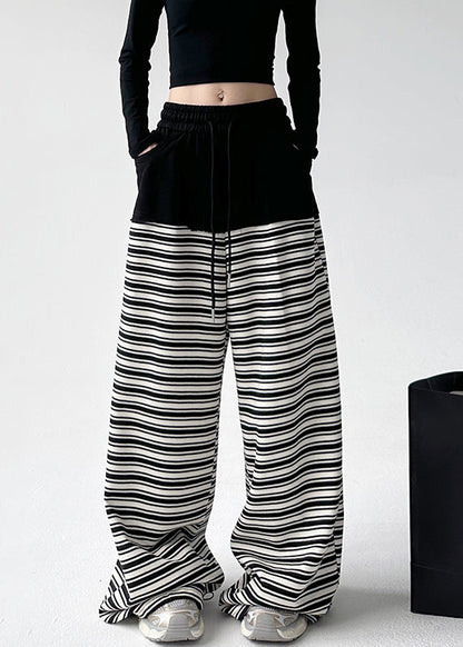 Black White Striped Pockets Tie Waist Wide Leg Pants Sprin
