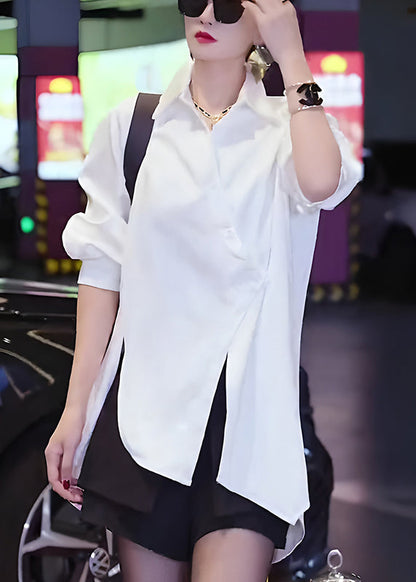 White Asymmetrical Button Cotton Blouses Fall