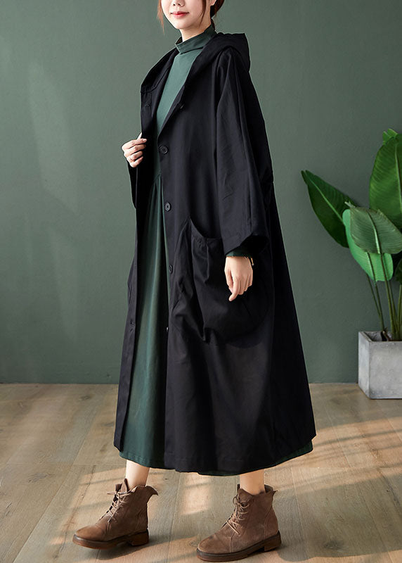 Handmade Black Button Pockets Loose Fall Long Sleeve Hoodie Coat