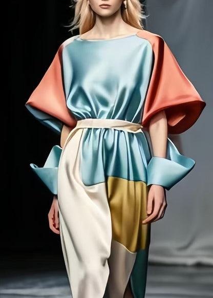 Sky Blue Tie Waist Patchwork Side Open Silk Dresses Puff Sleeve Fall