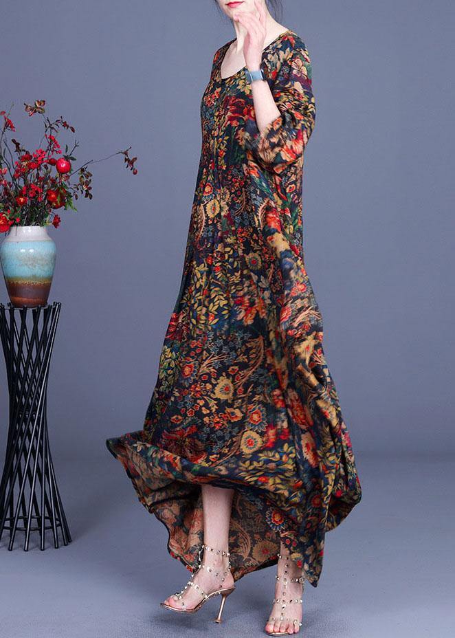 French Print O-neck Long Sleeve Silk Dresses Summer