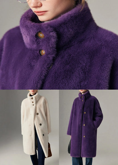 Beige Stand Collar Button Leather and Fur Coats Winter