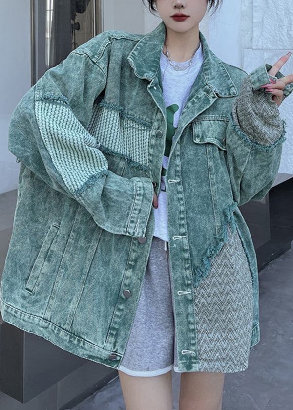 Green Peter Pan Collar Patchwork Denim Jacket Fall