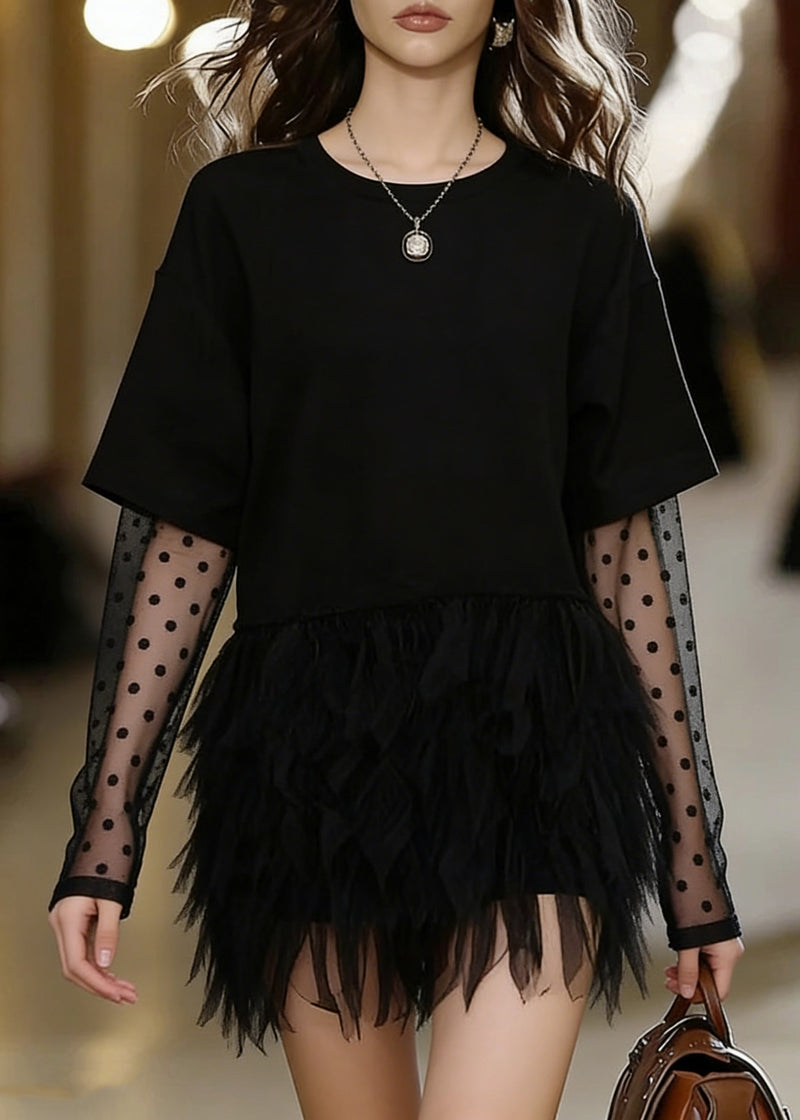 Black Oversized Patchwork Tulle Mini Dress Summer