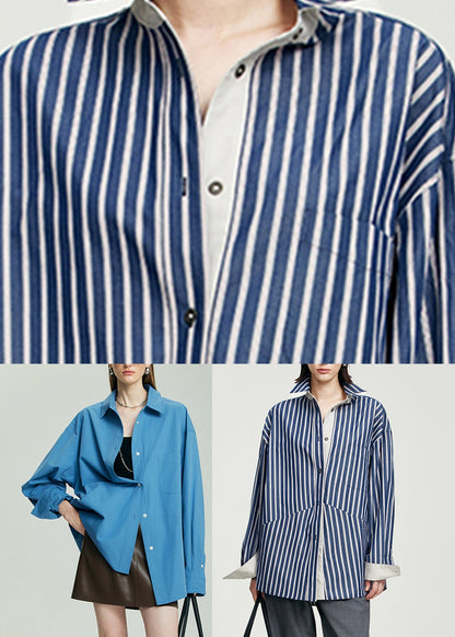 Blue Striped Patchwork Button Top Long Sleeve