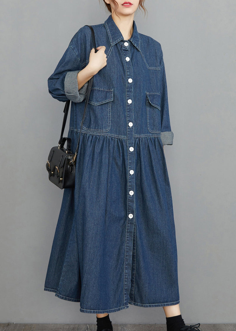 Navy Peter Pan Collar Button Pockets Wrinkled Denim Dress Spring