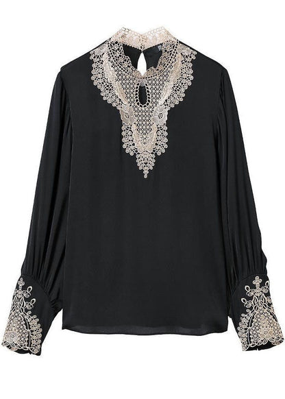 Black Stand Collar Embroideried Patchwork Chiffon Blouse Top Long Sleeve