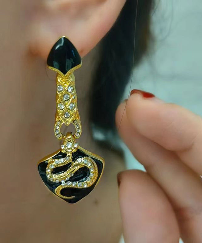 Black Ancient Gold Zircon Asymmetric Glazed Serpentine Shape Drop Earrings