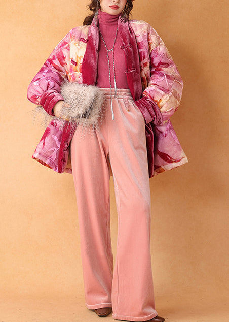 Pink Cinched Print Duck Down Silk Velour Coat Winter