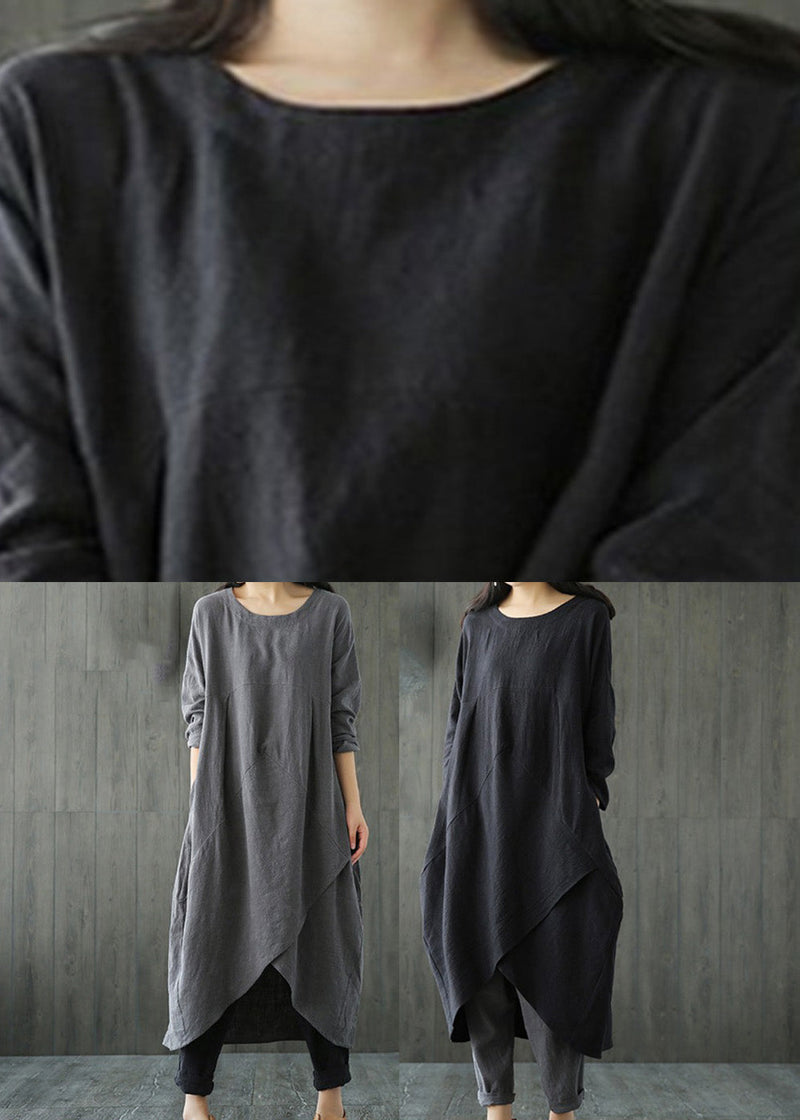 Grey Patchwork Linen Long Dresses Spring