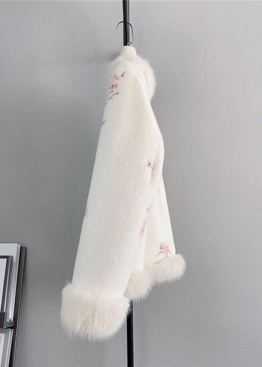 Pink V Neck Embroideried Fox Fur Mink Cashmere Coat Winter