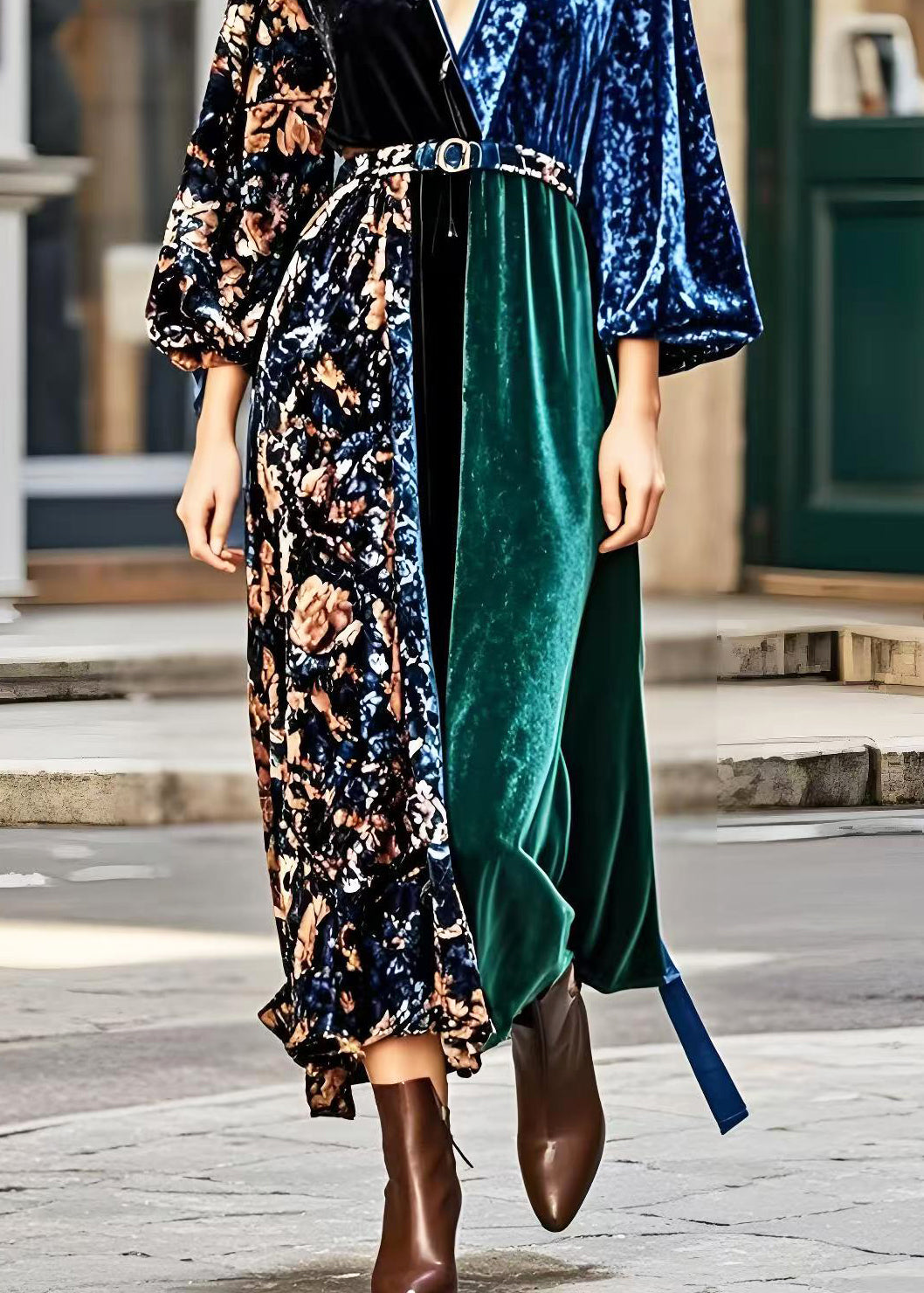 V Neck Patchwork Print Silk Velour Dress Spring