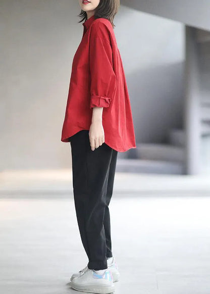 Red Peter Pan Collar Patchwork Cotton Shirts Fall