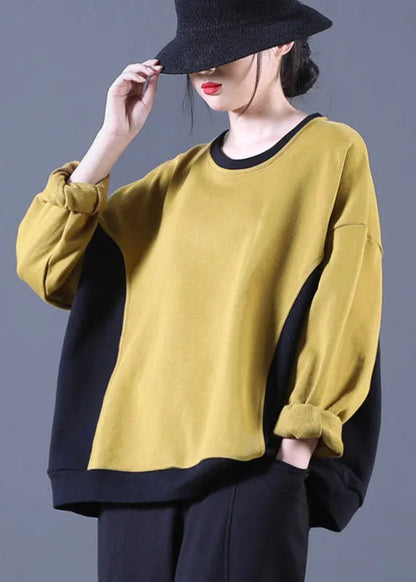 Yellow O-neck Patchwork Loose Fall Pullover Street Wear
