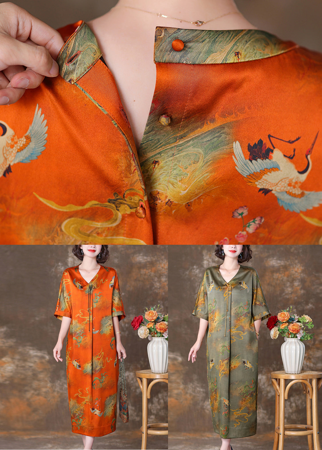 Orange V Neck Button Print Silk Long Dresses Summer