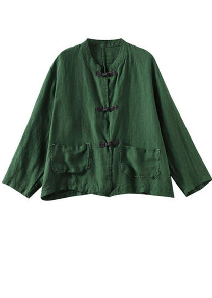 Boutique Green Stand Collar Embroideried Patchwork Linen Coat