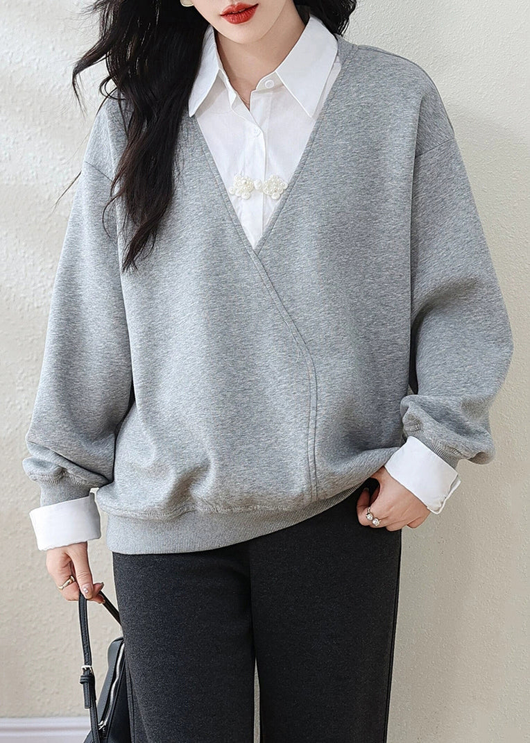 Grey Peter Pan Collar False Two Pieces Patchwork Cotton Sweatshirt Fall