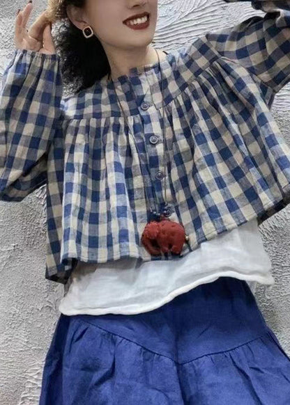Blue O Neck Plaid Cotton Shirt Top Long Sleeve Fall