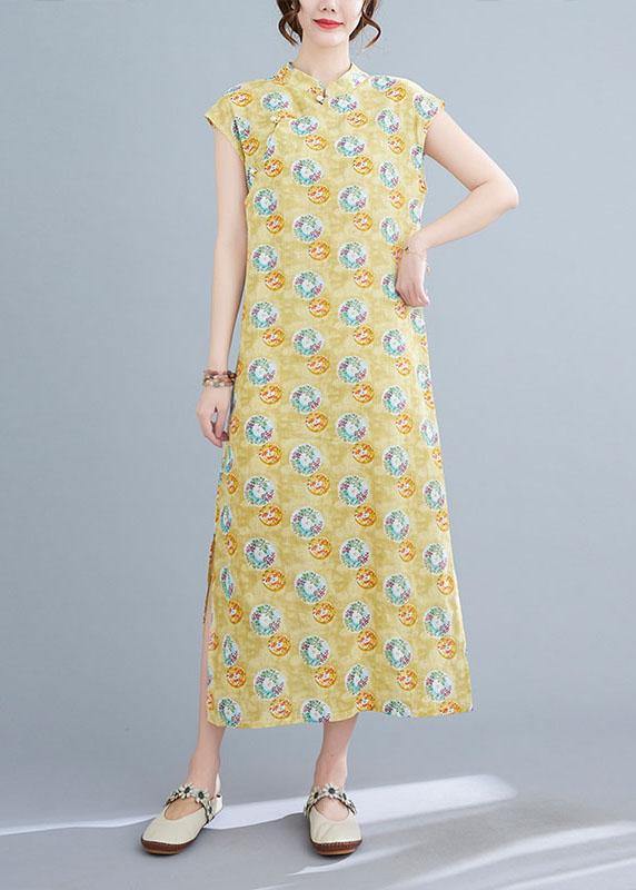 Yellow Print Cotton Dress Oriental Summer Vacation Dresses