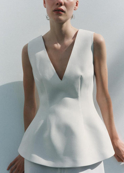 White Zippered Spandex Top V Neck Summer