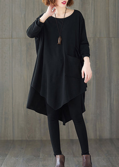 Black Asymmetrical Patchwork Cotton T Shirts Top Fall